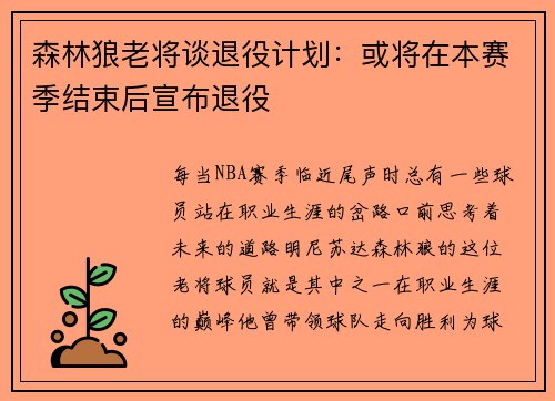 森林狼老将谈退役计划：或将在本赛季结束后宣布退役